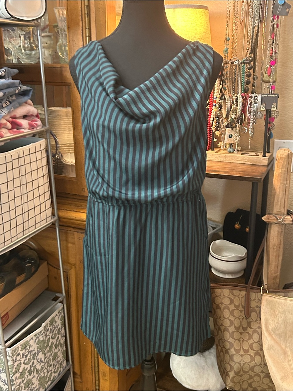 Saie Teal and Black Striped Sleeveless Cowl Neck Dress